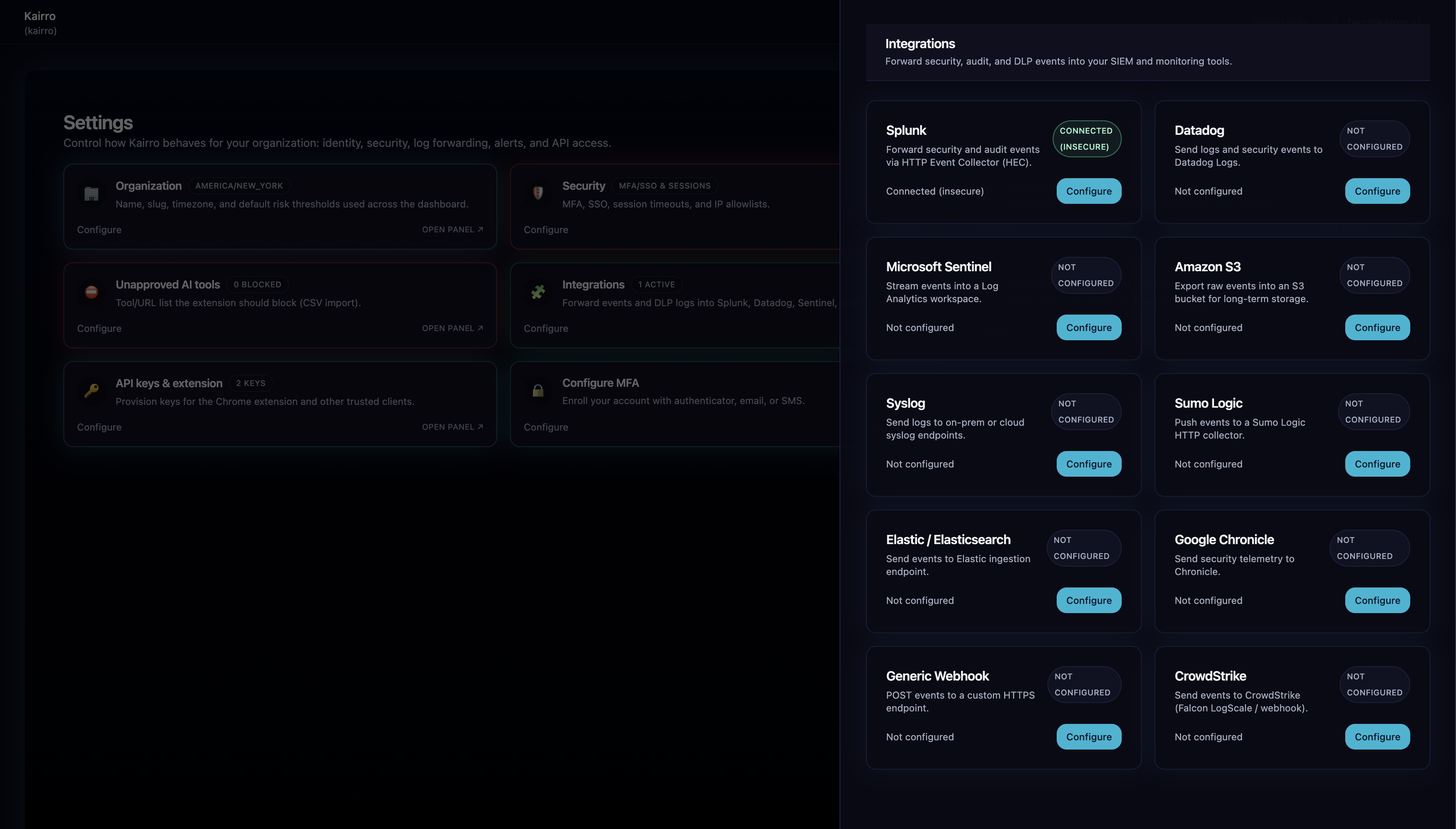 Kairro integrations dashboard
