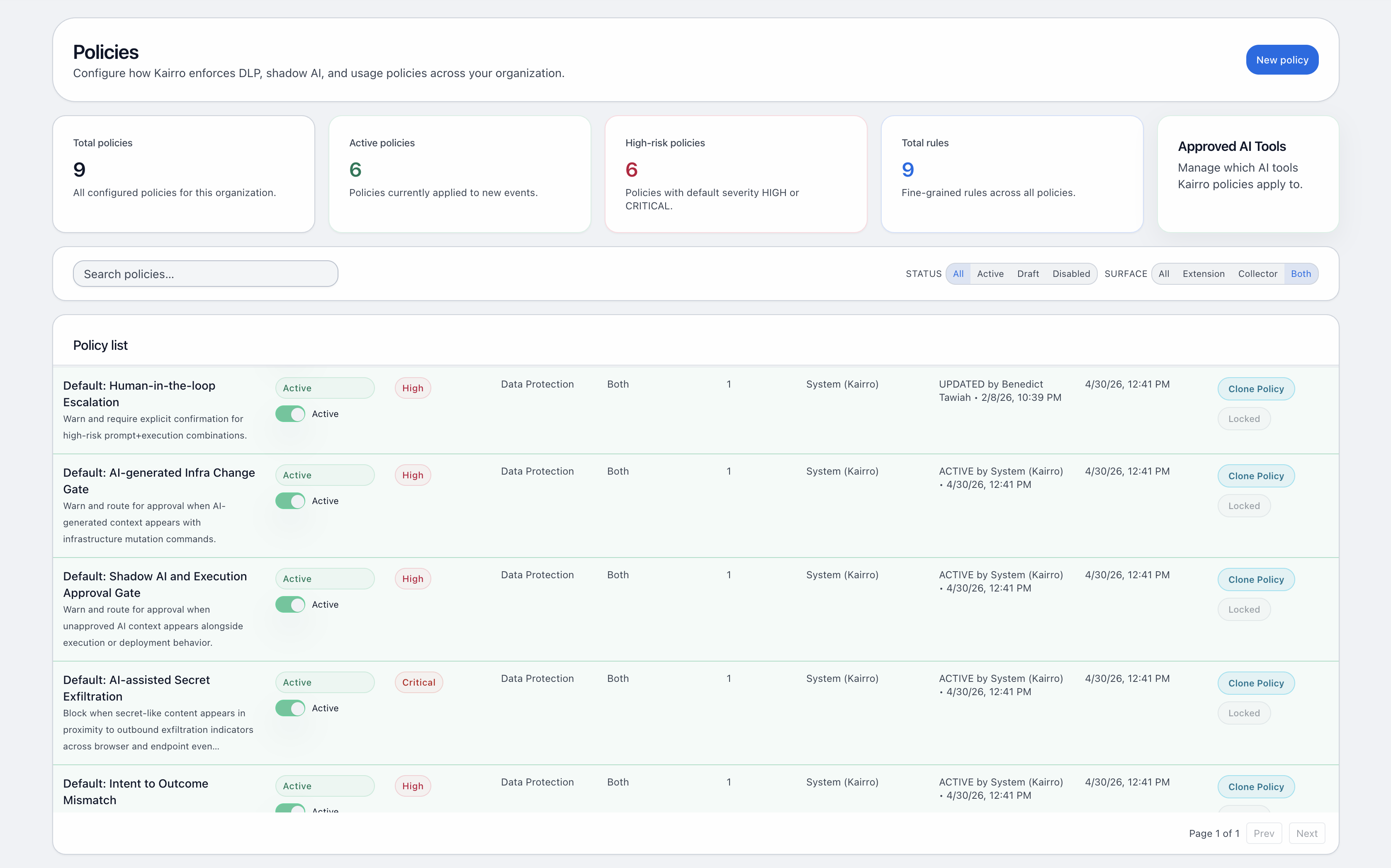 Kairro policies screenshot showing AI policy controls